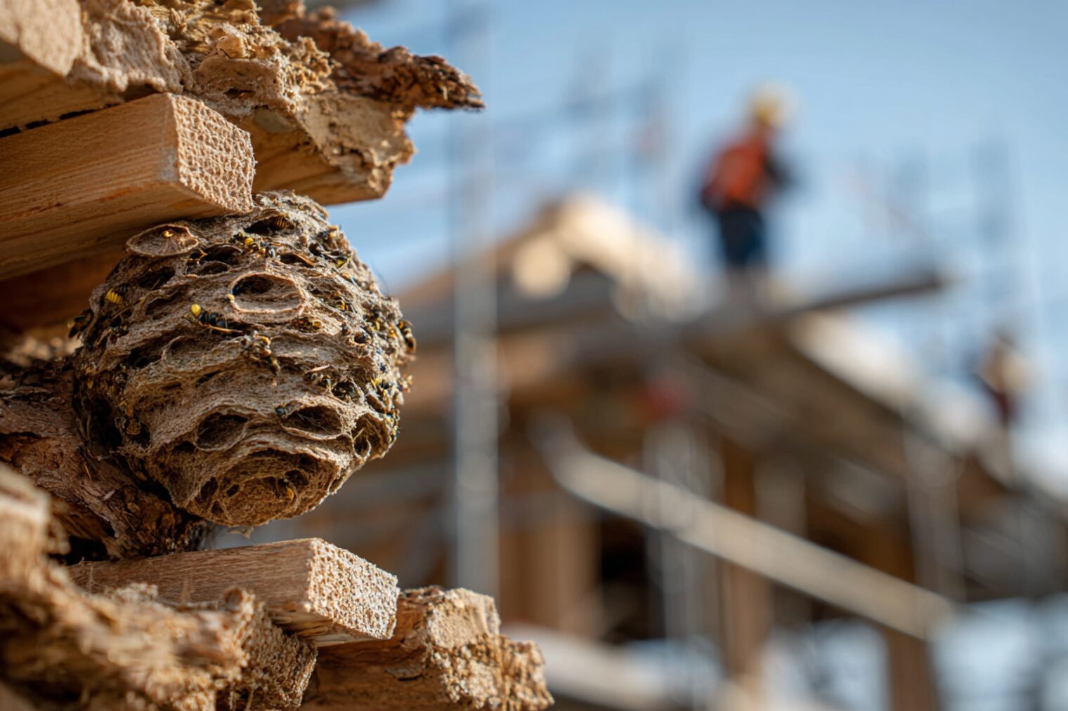 Wespennest auf Baustelle – potenzielle Gefahr bei Außenarbeiten Wespennest im Stapel von Bauholz mit unscharfem Rohbau und Bauarbeitern im Hintergrund